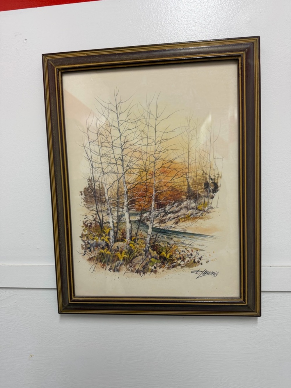 Framed Birch Trees Landscape Art Print in Orange and Brown